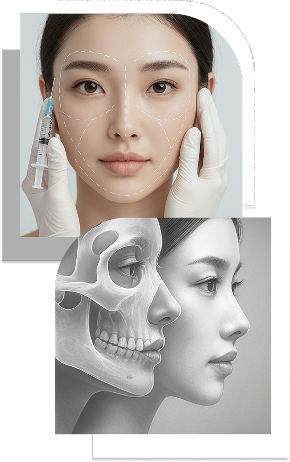 横顔の女性と頭蓋骨構造を重ねた図で、顔の骨格と美容施術の関係性を視覚的に示したイラスト