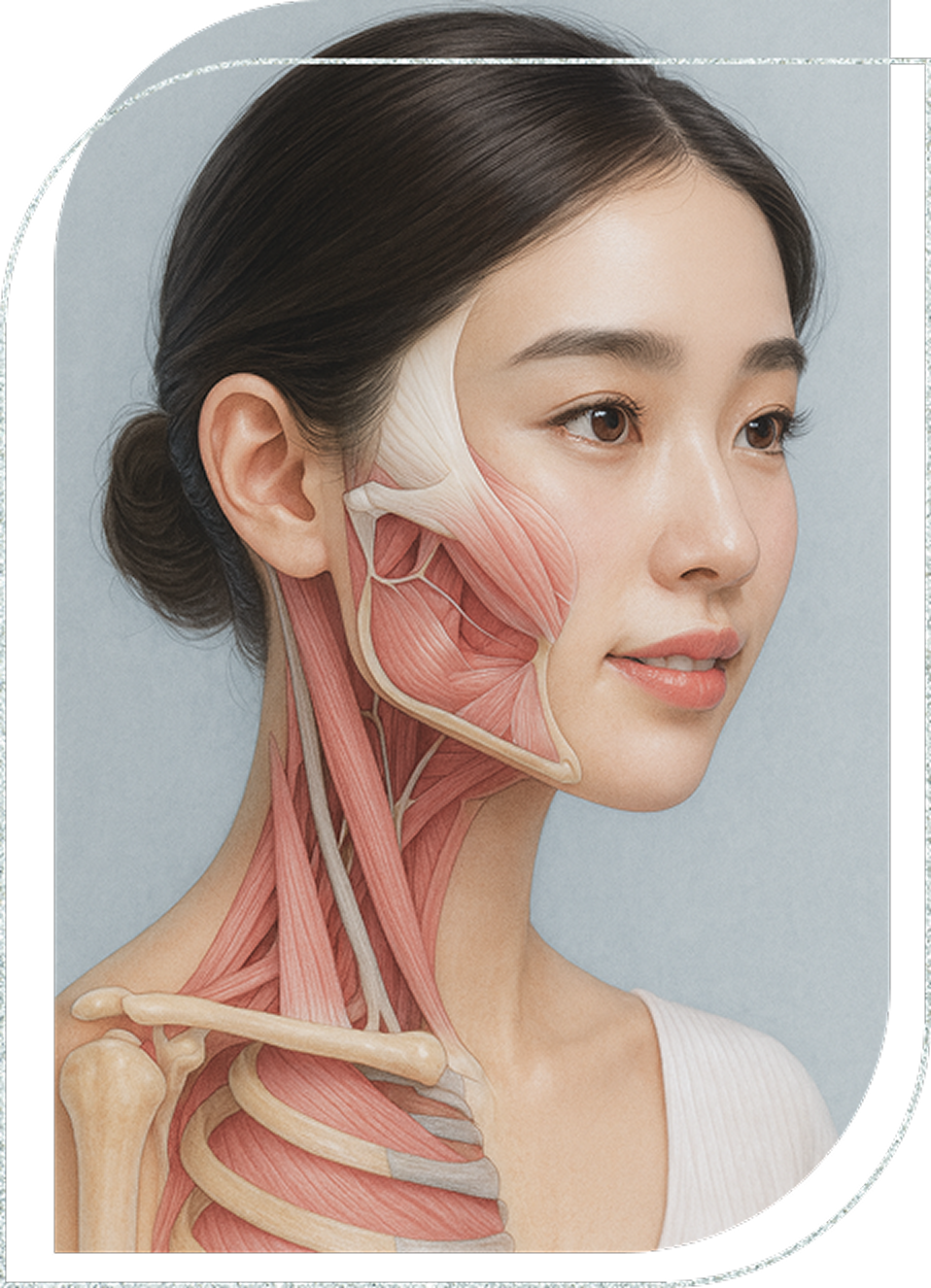 美容や人体構造の理解を目的に、皮膚の下にある顔面筋と首の筋肉を詳細に示した横向き人物図