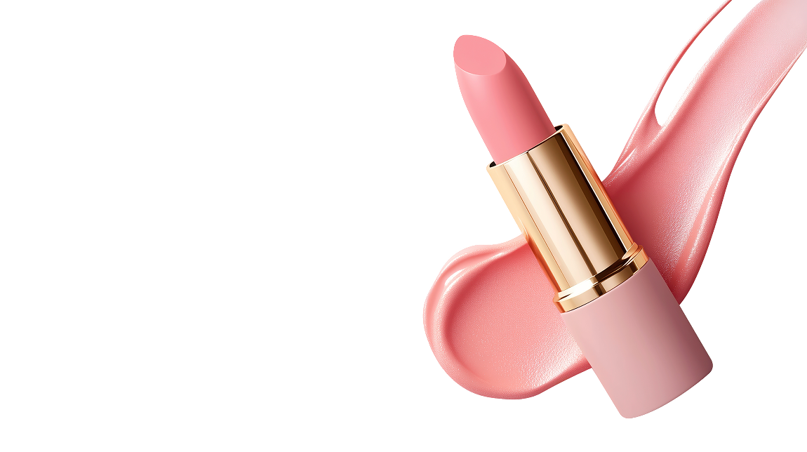 ピンクベージュのリップスティックをクローズアップで表現した画像。滑らかな質感の口紅と、筆で伸ばしたような光沢のスウォッチが映える。