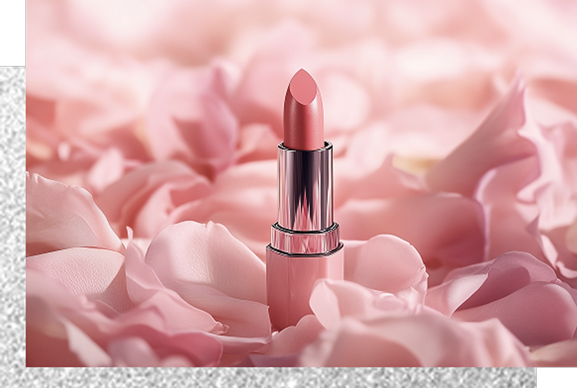 淡いピンク色の花びらに囲まれて立つ口紅の商品イメージ。柔らかな色味と上品な光沢が、華やかで優しい印象を与えている。
