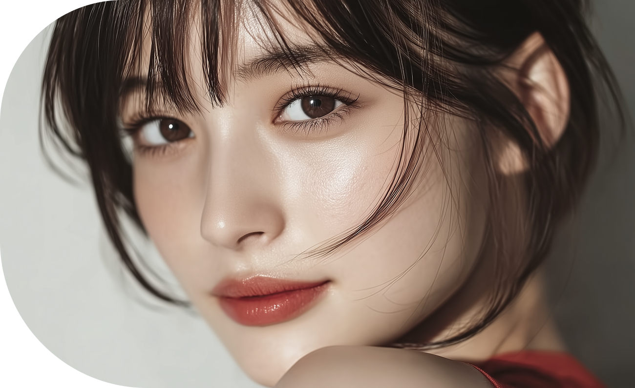 前髪のあるショートヘアの女性を近距離で撮影した写真。艶やかな肌質と繊細なまつ毛、ナチュラルメイクが際立っている。
