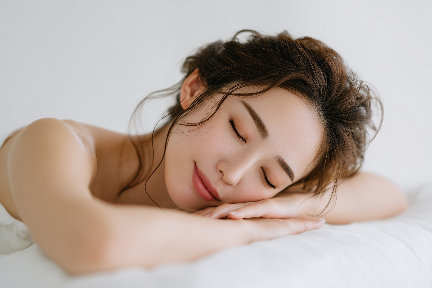 ナチュラルな雰囲気の女性が白いベッドで安らかに眠る様子。肌の質感と静かな空気感が伝わる清潔感のある写真。